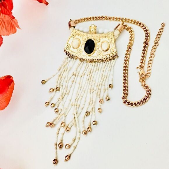 Bohemian tribal style beaded Necklace Gold white 1015 - Picture 3 of 4